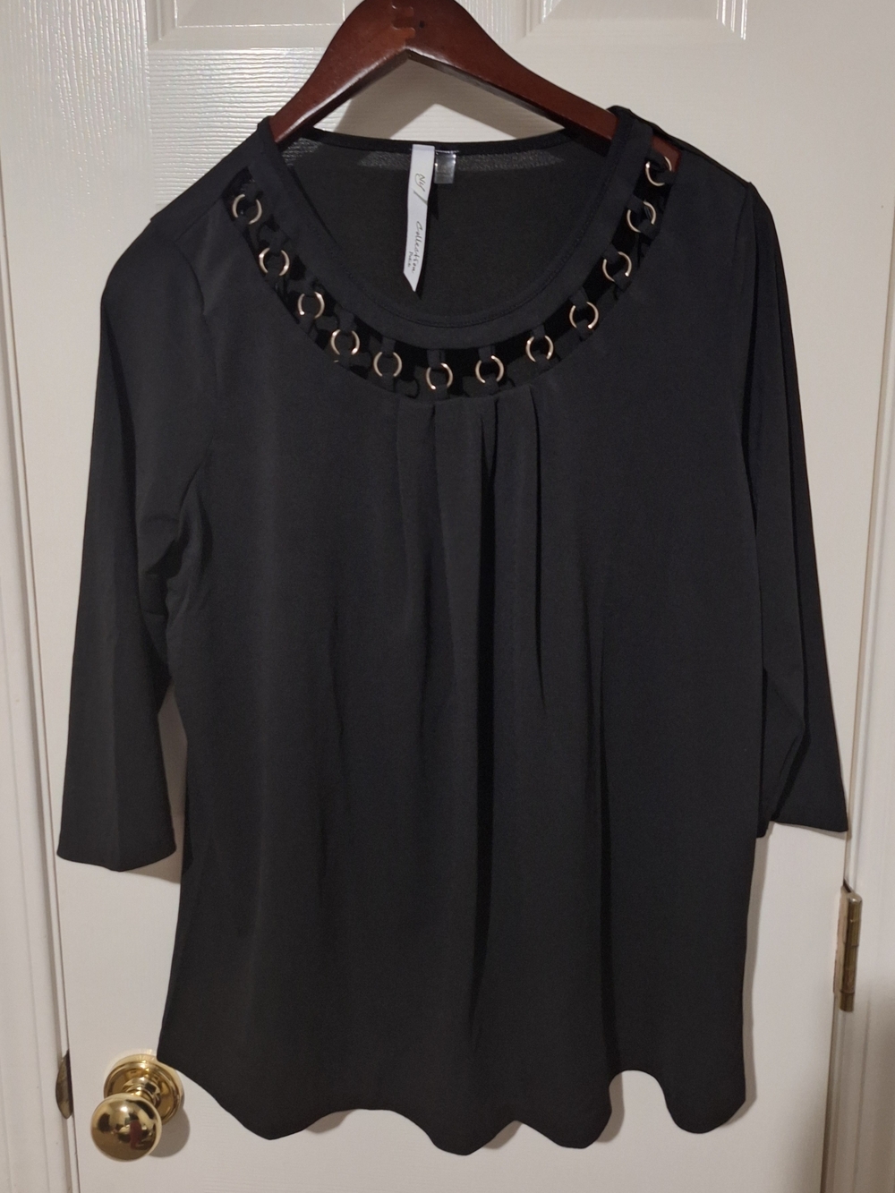 Black Long-Sleeve Scoop Neck Top with Grommet Trim